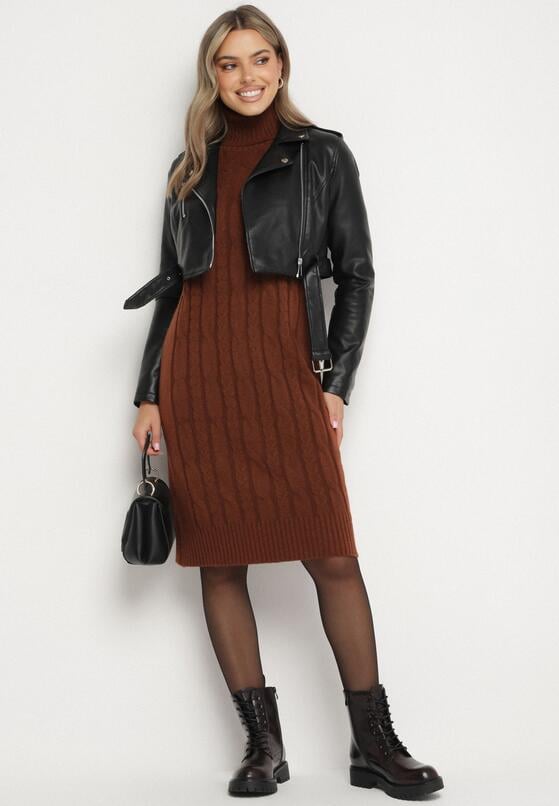 Brązowa Sweterkowa Sukienka z Golfem Wełną i Bawełną Ozdobiona Splotem Reiania 2