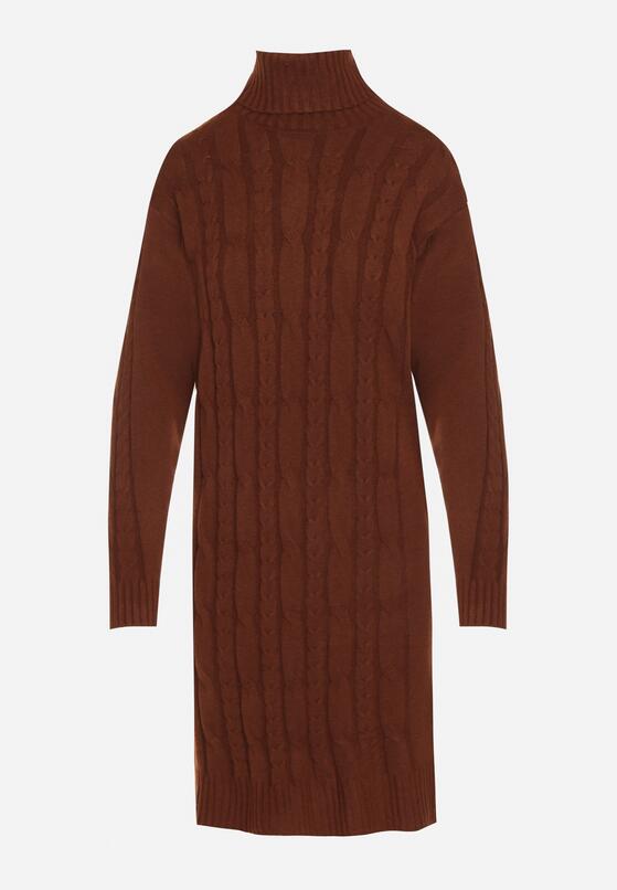 Brązowa Sweterkowa Sukienka z Golfem Wełną i Bawełną Ozdobiona Splotem Reiania 6