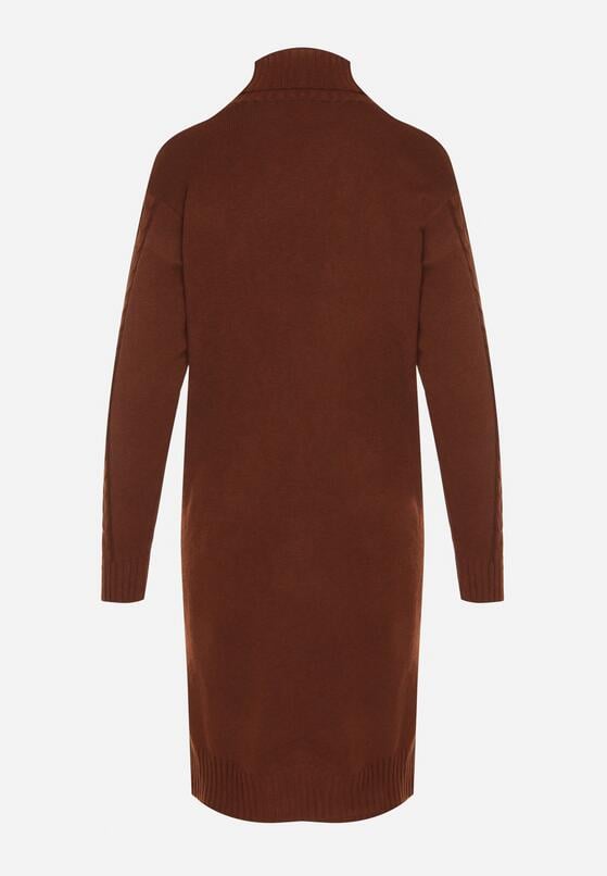 Brązowa Sweterkowa Sukienka z Golfem Wełną i Bawełną Ozdobiona Splotem Reiania 7