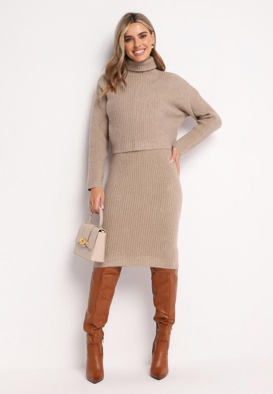 Ciemnobeżowy Komplet Dzianinowy z Wełną i Bawełną Golf i Dopasowana Sukienka Reilaia 2