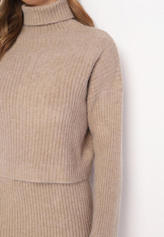 Ciemnobeżowy Komplet Dzianinowy z Wełną i Bawełną Golf i Dopasowana Sukienka Reilaia 5