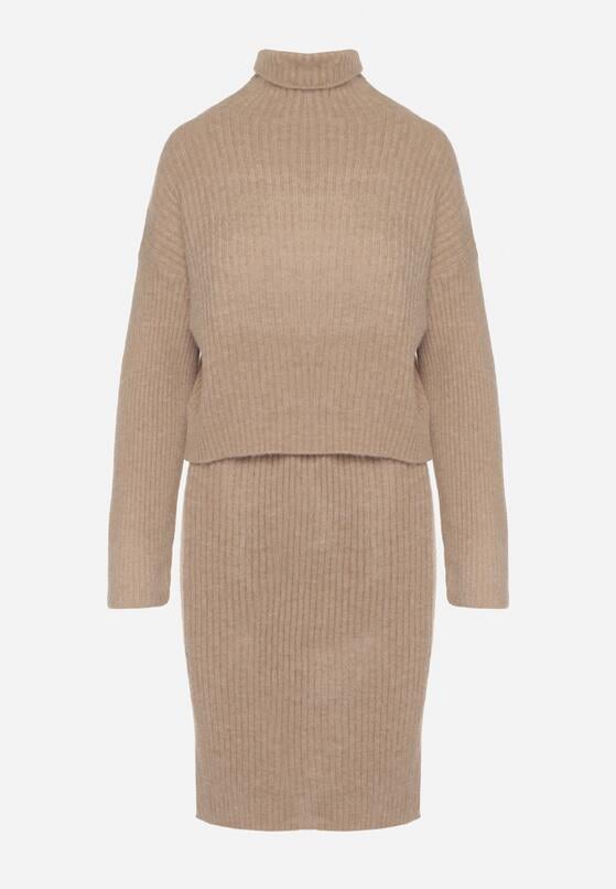 Ciemnobeżowy Komplet Dzianinowy z Wełną i Bawełną Golf i Dopasowana Sukienka Reilaia 6