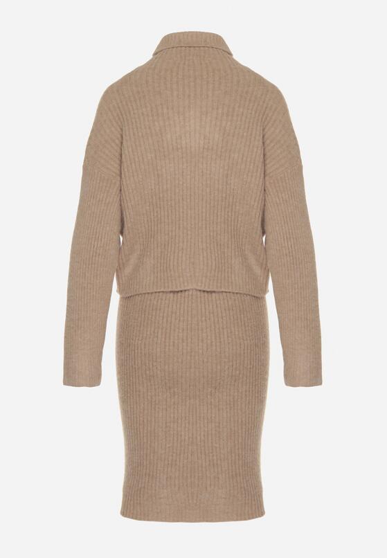 Ciemnobeżowy Komplet Dzianinowy z Wełną i Bawełną Golf i Dopasowana Sukienka Reilaia 7