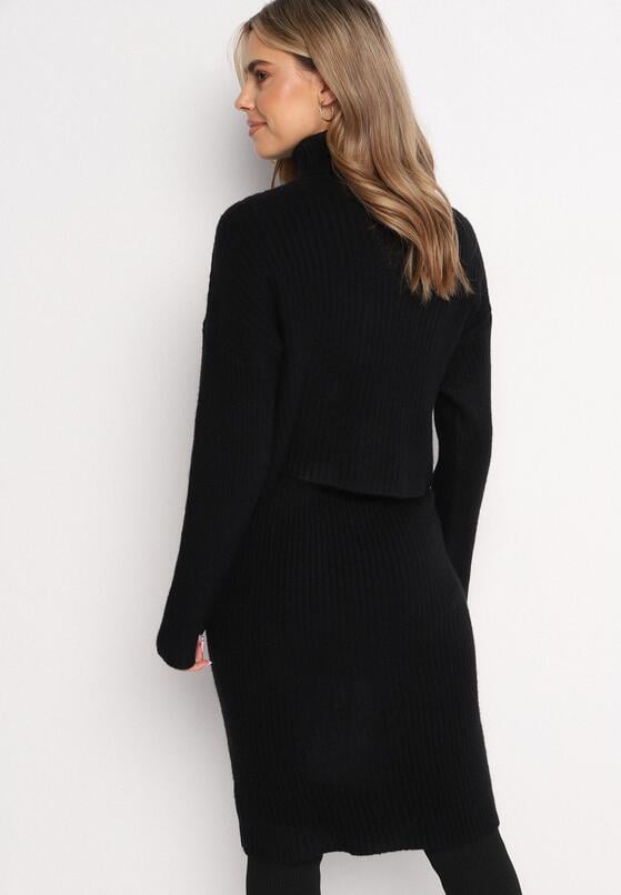 Czarny Komplet Dzianinowy z Wełną i Bawełną Golf i Dopasowana Sukienka Reilaia 3