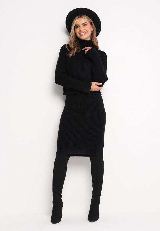 Czarny Komplet Dzianinowy z Wełną i Bawełną Golf i Dopasowana Sukienka Reilaia 4
