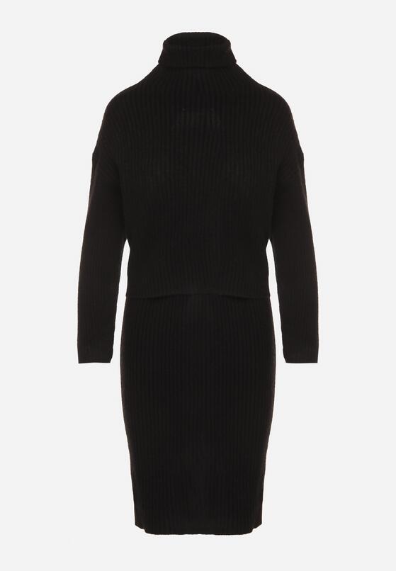 Czarny Komplet Dzianinowy z Wełną i Bawełną Golf i Dopasowana Sukienka Reilaia 6