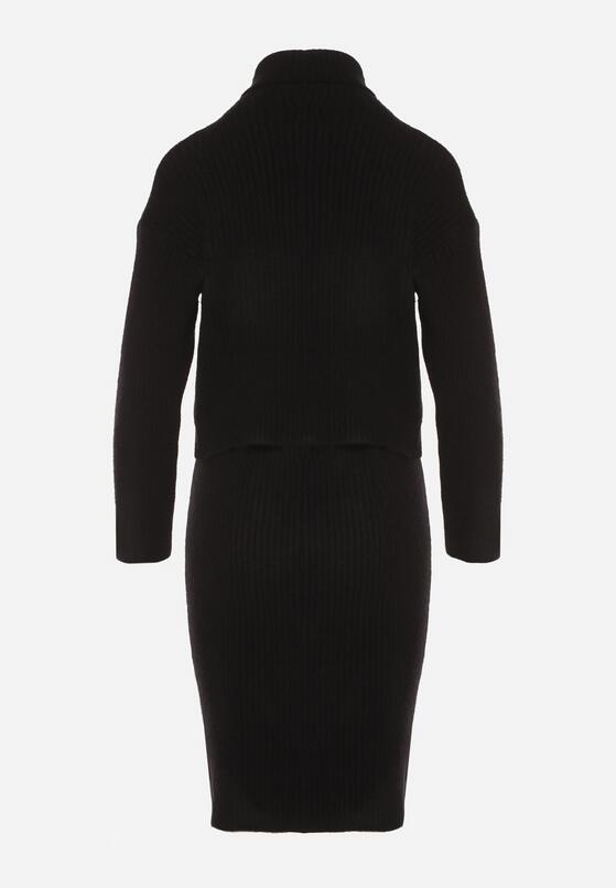 Czarny Komplet Dzianinowy z Wełną i Bawełną Golf i Dopasowana Sukienka Reilaia 7