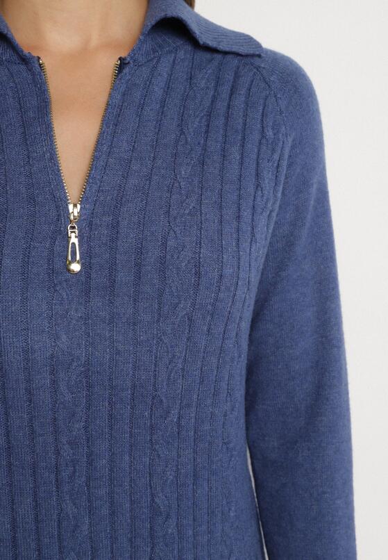 Granatowa Sweterkowa Sukienka Pudełkowa z Bawełną i Wełną Ozdobiona Suwakiem Reimia 5