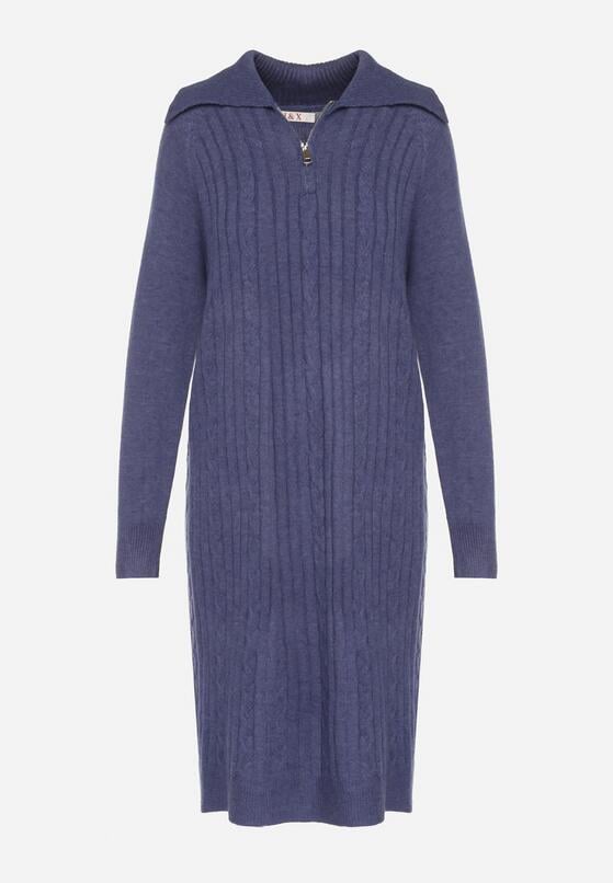 Granatowa Sweterkowa Sukienka Pudełkowa z Bawełną i Wełną Ozdobiona Suwakiem Reimia 6