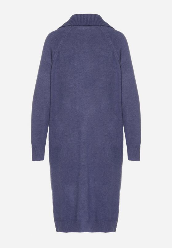 Granatowa Sweterkowa Sukienka Pudełkowa z Bawełną i Wełną Ozdobiona Suwakiem Reimia 7