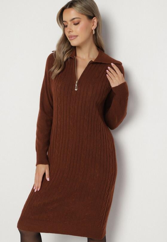 Brązowa Sweterkowa Sukienka Pudełkowa z Bawełną i Wełną Ozdobiona Suwakiem Reimia 1