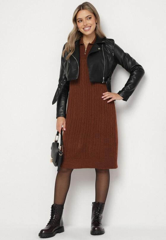 Brązowa Sweterkowa Sukienka Pudełkowa z Bawełną i Wełną Ozdobiona Suwakiem Reimia 2