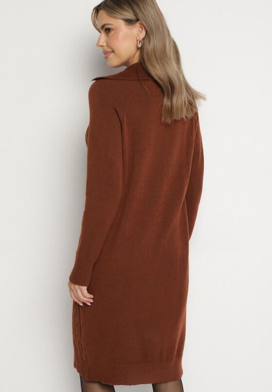 Brązowa Sweterkowa Sukienka Pudełkowa z Bawełną i Wełną Ozdobiona Suwakiem Reimia 3