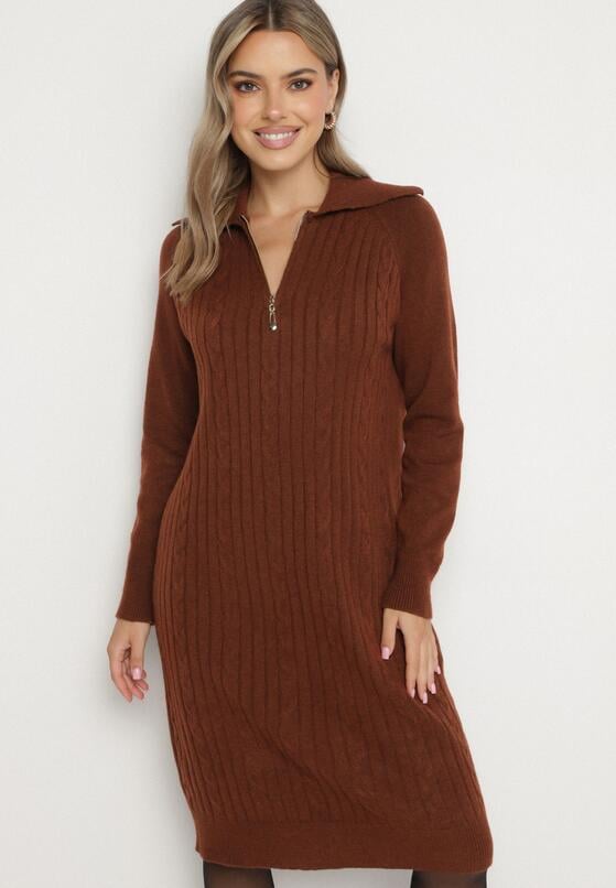 Brązowa Sweterkowa Sukienka Pudełkowa z Bawełną i Wełną Ozdobiona Suwakiem Reimia 4