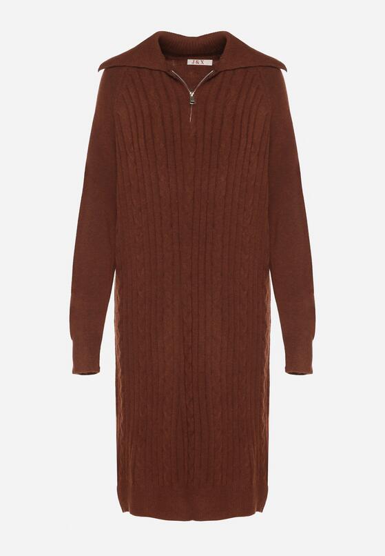 Brązowa Sweterkowa Sukienka Pudełkowa z Bawełną i Wełną Ozdobiona Suwakiem Reimia 6
