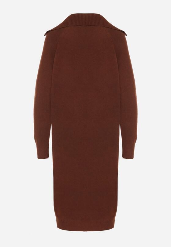 Brązowa Sweterkowa Sukienka Pudełkowa z Bawełną i Wełną Ozdobiona Suwakiem Reimia 7