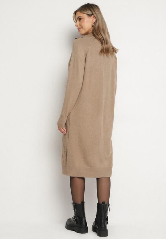 Beżowa Sweterkowa Sukienka Pudełkowa z Bawełną i Wełną Ozdobiona Suwakiem Reimia 3