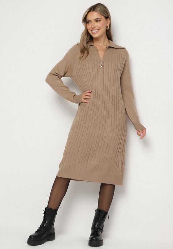 Beżowa Sweterkowa Sukienka Pudełkowa z Bawełną i Wełną Ozdobiona Suwakiem Reimia 4
