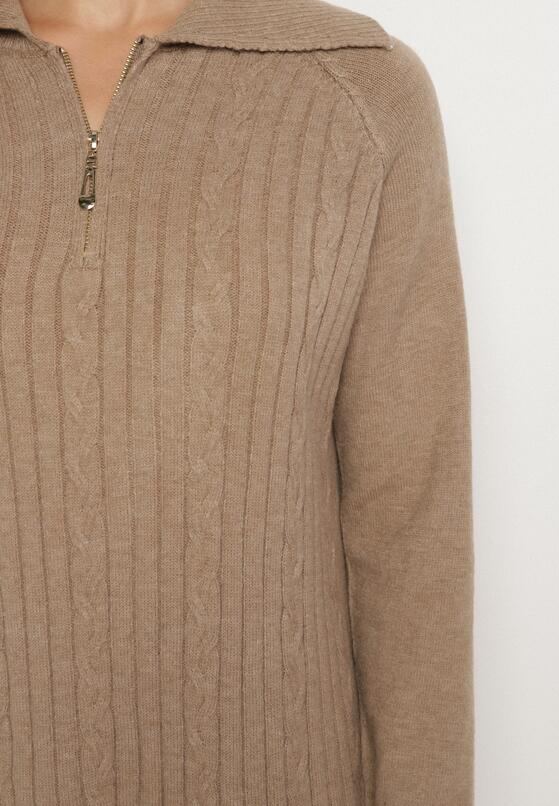 Beżowa Sweterkowa Sukienka Pudełkowa z Bawełną i Wełną Ozdobiona Suwakiem Reimia 5