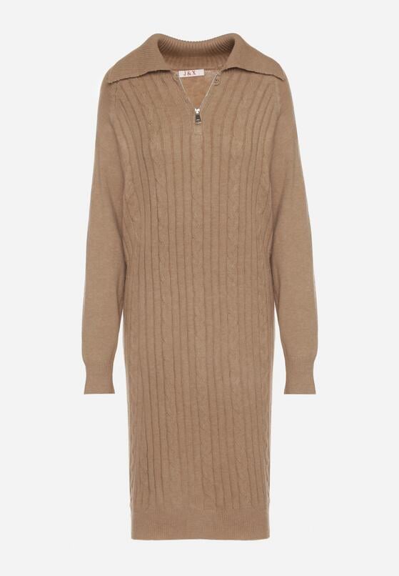 Beżowa Sweterkowa Sukienka Pudełkowa z Bawełną i Wełną Ozdobiona Suwakiem Reimia 6