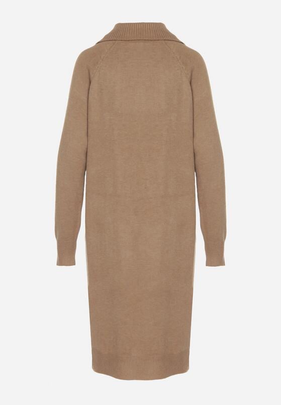 Beżowa Sweterkowa Sukienka Pudełkowa z Bawełną i Wełną Ozdobiona Suwakiem Reimia 7