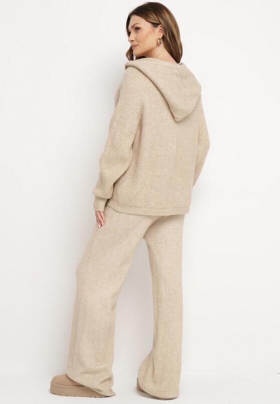 Beżowy Komplet z Wełną i Bawełną Szerokie Spodnie i Rozpinana Bluzka z Kapturem Reikania 3