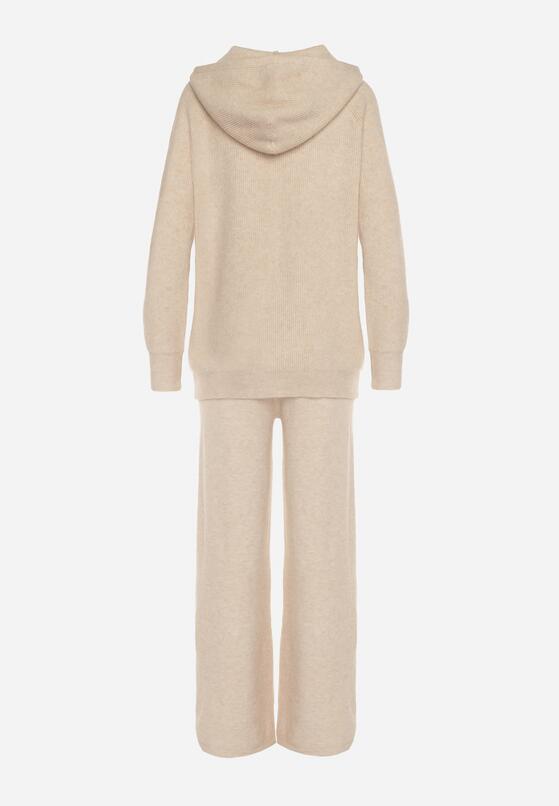 Beżowy Komplet z Wełną i Bawełną Szerokie Spodnie i Rozpinana Bluzka z Kapturem Reikania 7