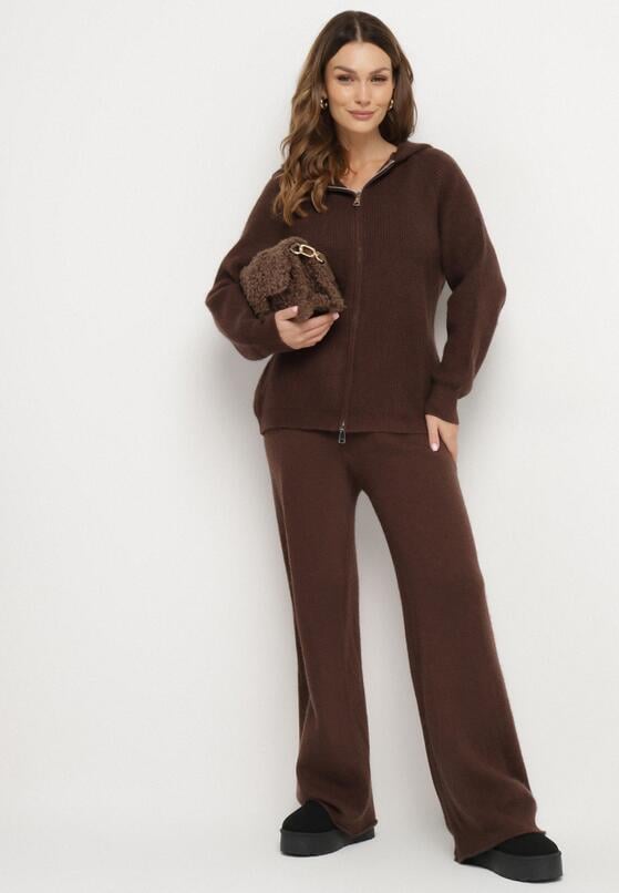 Brązowy Komplet z Wełną i Bawełną Szerokie Spodnie i Rozpinana Bluzka z Kapturem Reikania 2