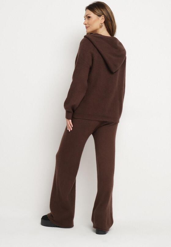 Brązowy Komplet z Wełną i Bawełną Szerokie Spodnie i Rozpinana Bluzka z Kapturem Reikania 3