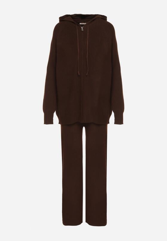 Brązowy Komplet z Wełną i Bawełną Szerokie Spodnie i Rozpinana Bluzka z Kapturem Reikania 6