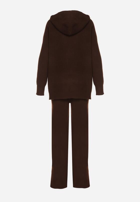 Brązowy Komplet z Wełną i Bawełną Szerokie Spodnie i Rozpinana Bluzka z Kapturem Reikania 7