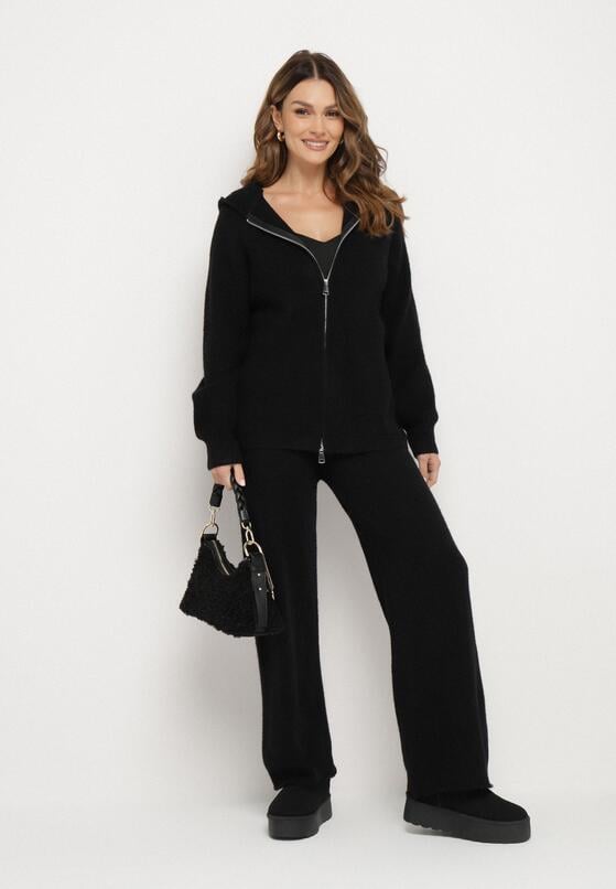 Czarny Komplet z Wełną i Bawełną Szerokie Spodnie i Rozpinana Bluzka z Kapturem Reikania 2