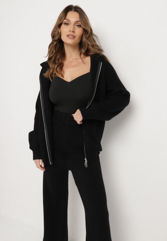 Czarny Komplet z Wełną i Bawełną Szerokie Spodnie i Rozpinana Bluzka z Kapturem Reikania 4