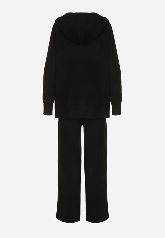 Czarny Komplet z Wełną i Bawełną Szerokie Spodnie i Rozpinana Bluzka z Kapturem Reikania 7