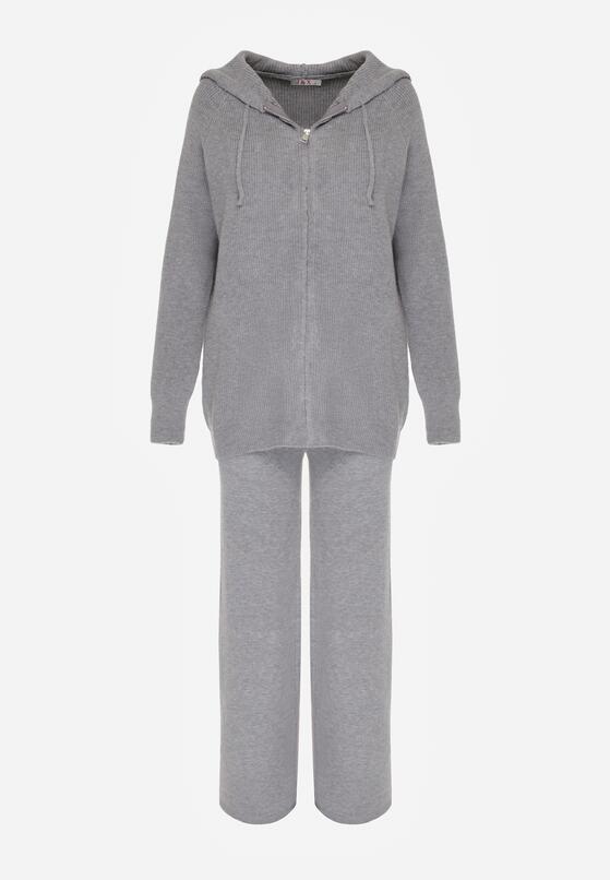 Ciemnoszary Dzianinowy Komplet z Wełną Bluza na Suwak z Kapturem i Spodnie Sewnira 1