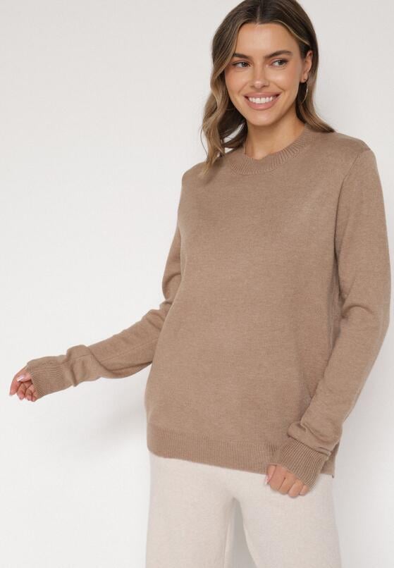 Ciemnobeżowy Casualowy Sweter z Wełną i Bawełną Nedalla 4