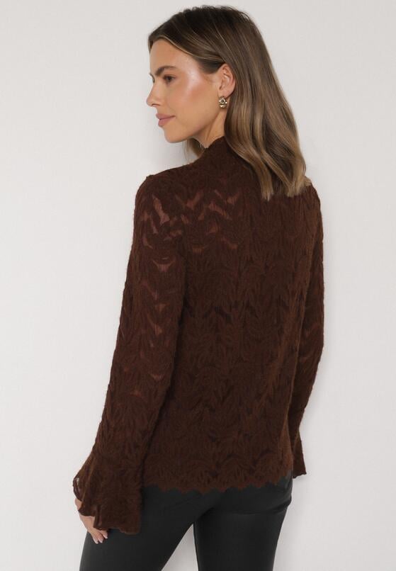Brązowa Koronkowa Bluzka ze Stójką i Rozszerzanymi Rękawami Nefina 3