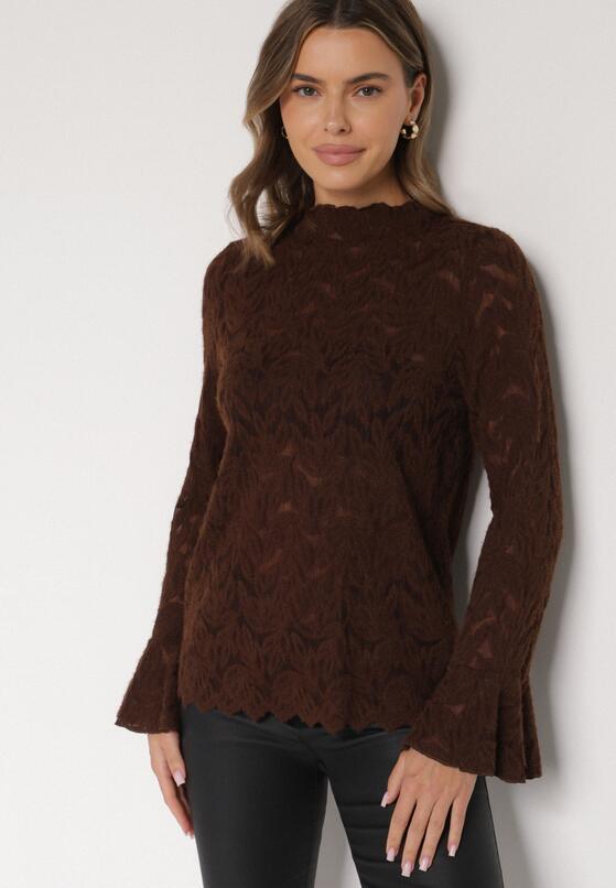 Brązowa Koronkowa Bluzka ze Stójką i Rozszerzanymi Rękawami Nefina 4