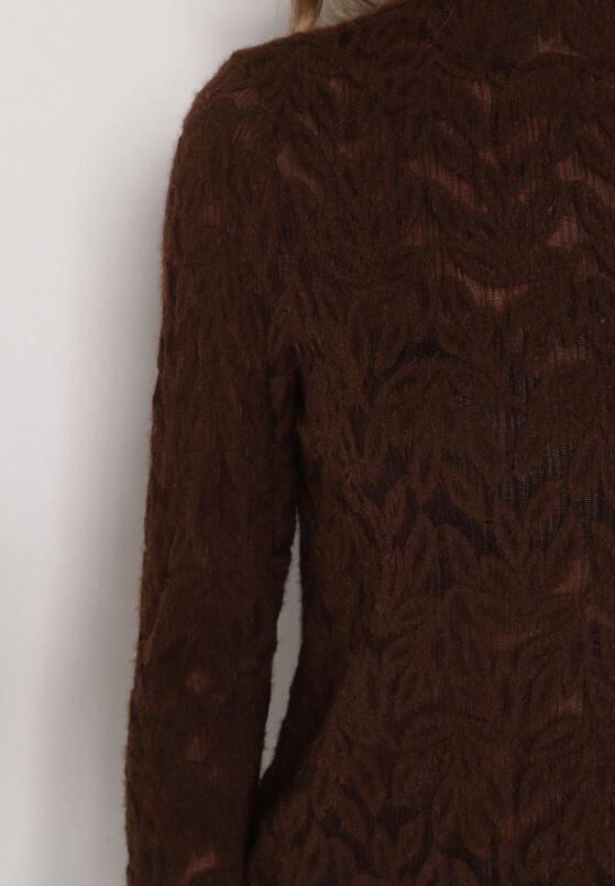 Brązowa Koronkowa Bluzka ze Stójką i Rozszerzanymi Rękawami Nefina 5