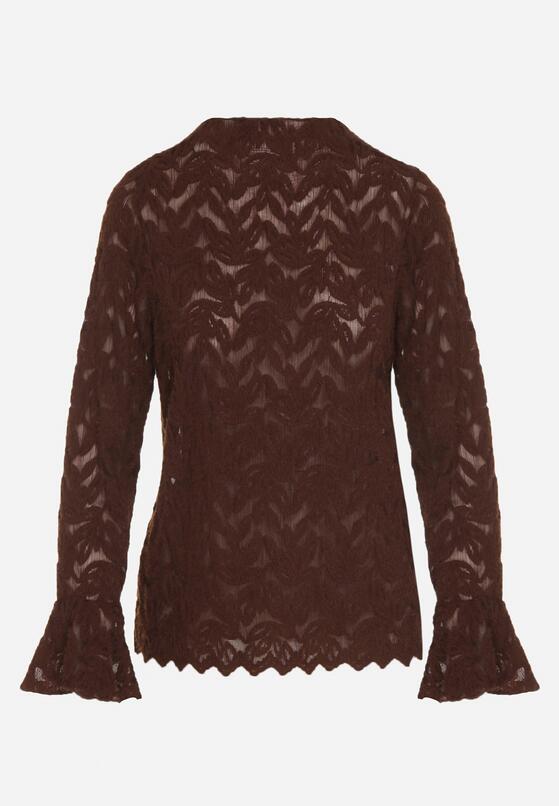 Brązowa Koronkowa Bluzka ze Stójką i Rozszerzanymi Rękawami Nefina 6