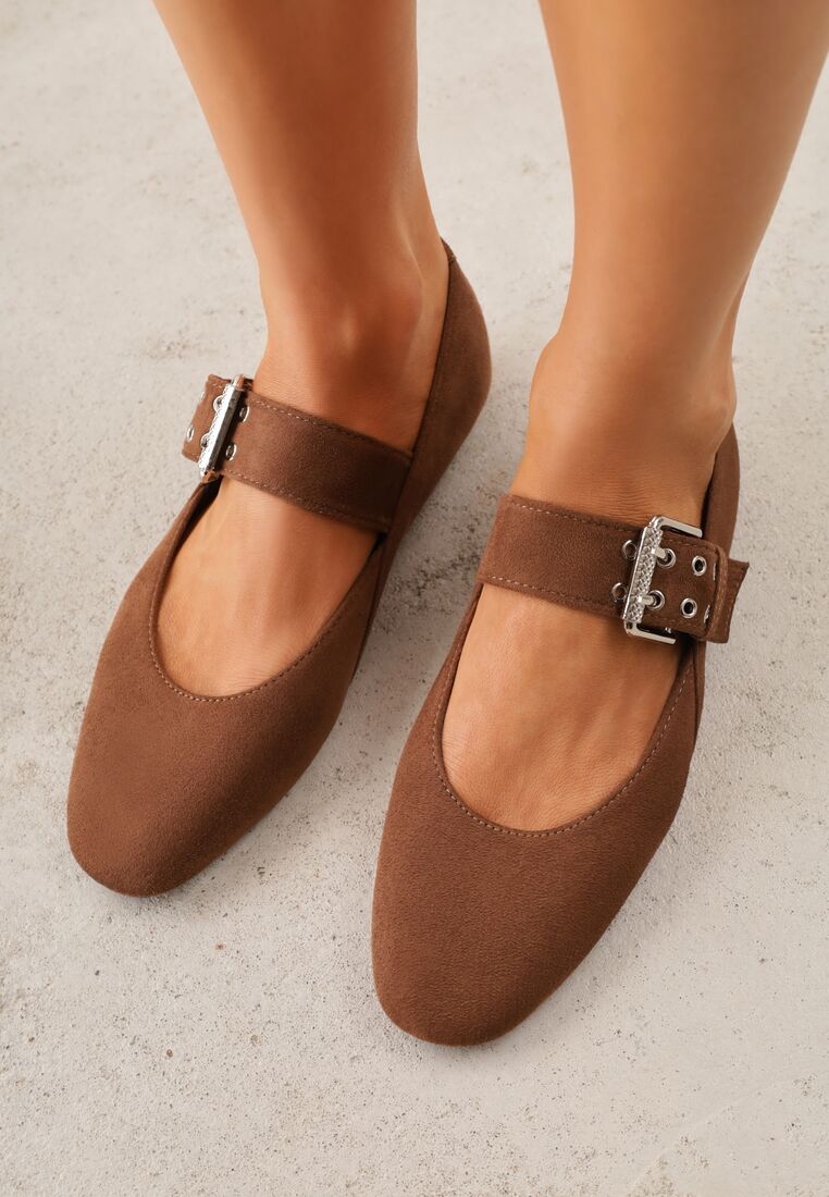 Jasnobrązowe Balerinki Vices ze Skórzaną Wkładką i Szerokim Paskiem ze Sprzączką Rilucea 2