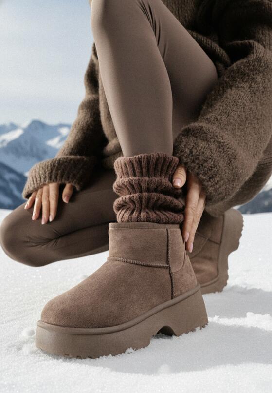 Brązowe Wsuwane Śniegowce z Imitacji Zamszu na Grubej Podeszwie Zenore 1