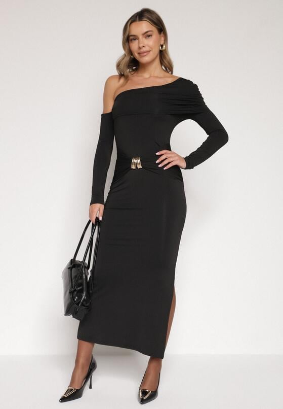 Czarna Sukienka z Wiskozą Wywiniętym Dekoltem Marszczeniem i Metaliczną Ozdobą Reillea 2