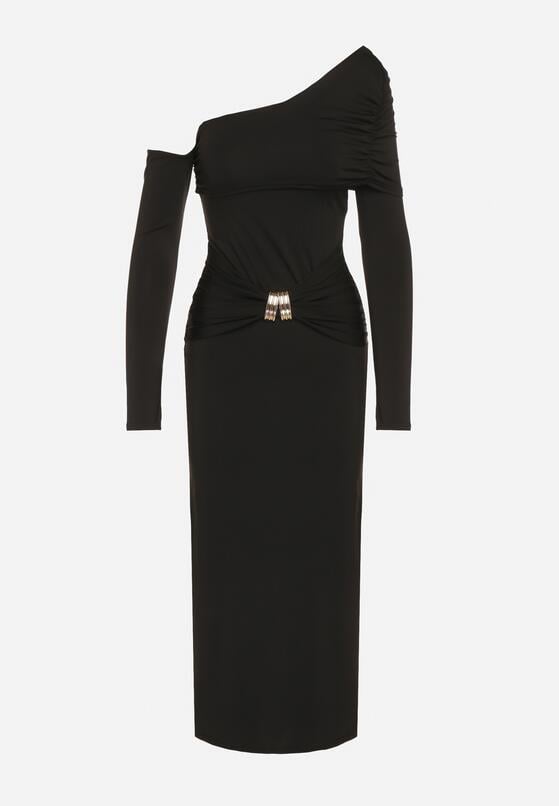 Czarna Sukienka z Wiskozą Wywiniętym Dekoltem Marszczeniem i Metaliczną Ozdobą Reillea 6