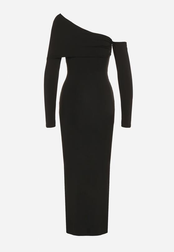 Czarna Sukienka z Wiskozą Wywiniętym Dekoltem Marszczeniem i Metaliczną Ozdobą Reillea 7