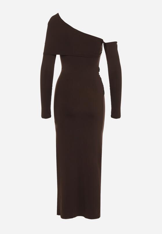 Brązowa Sukienka z Wiskozą Wywiniętym Dekoltem Marszczeniem i Metaliczną Ozdobą Reillea 7