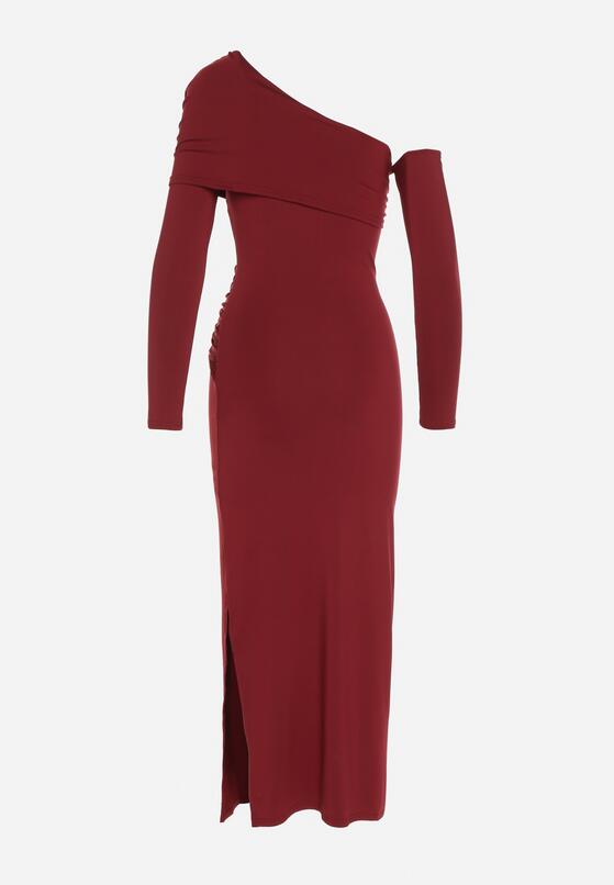 Bordowa Sukienka z Wiskozą Wywiniętym Dekoltem Marszczeniem i Metaliczną Ozdobą Reillea 7