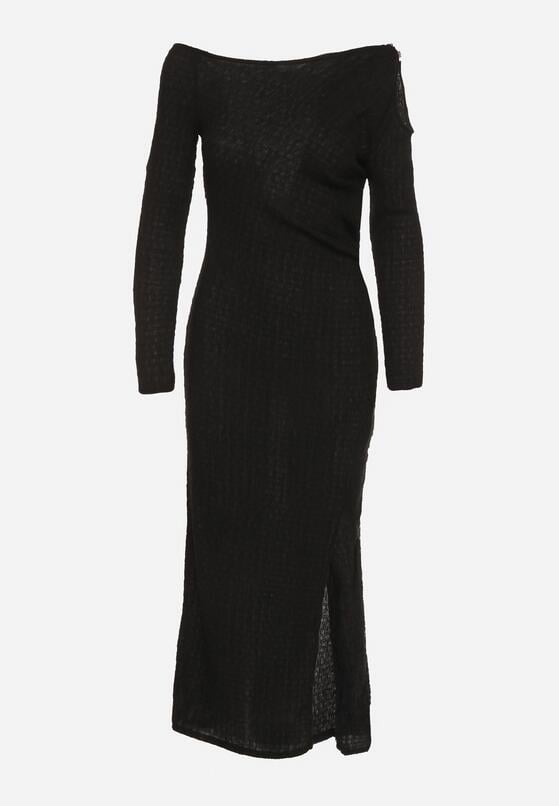 Czarna Dopasowana Sukienka z Metaliczną Ozdobą na Ramieniu Reilara 6