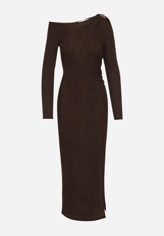 Brązowa Dopasowana Sukienka z Metaliczną Ozdobą na Ramieniu Reilara 6