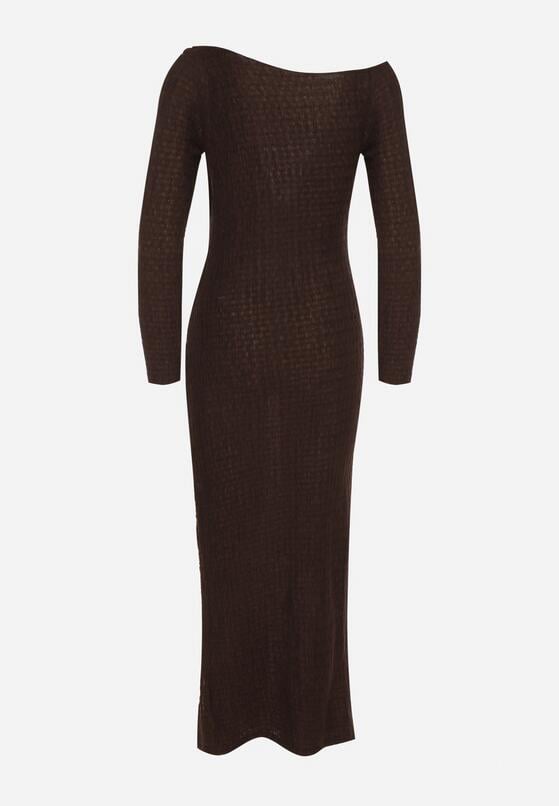 Brązowa Dopasowana Sukienka z Metaliczną Ozdobą na Ramieniu Reilara 7
